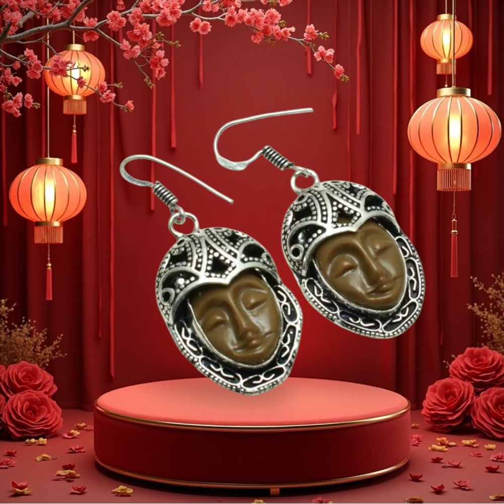 Brown Carved Stone Goddess Face Drop Earrings 925 Silver. Art nouveau. Filigree.